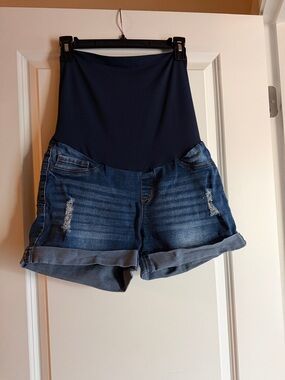Maternity Denim Shorts with Navy Overband